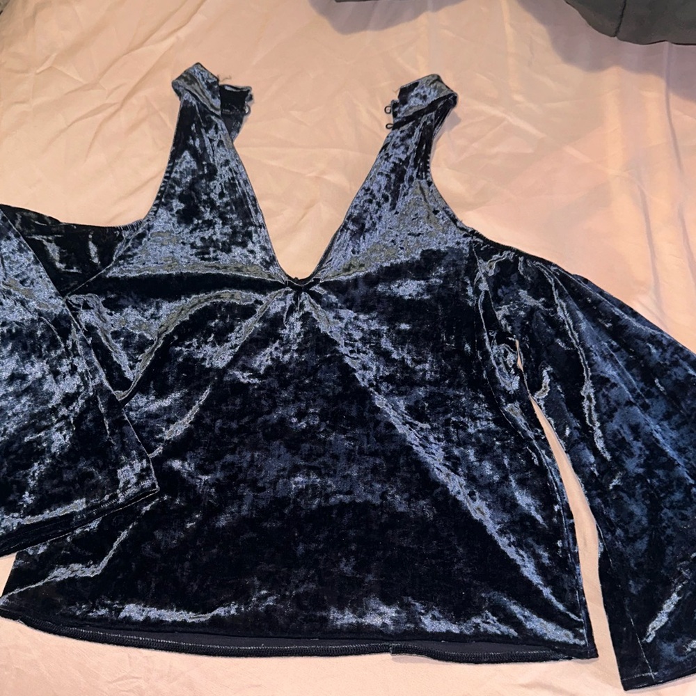 American Eagle Outfitters Velvet V-Neck Blouse - Dark Blue